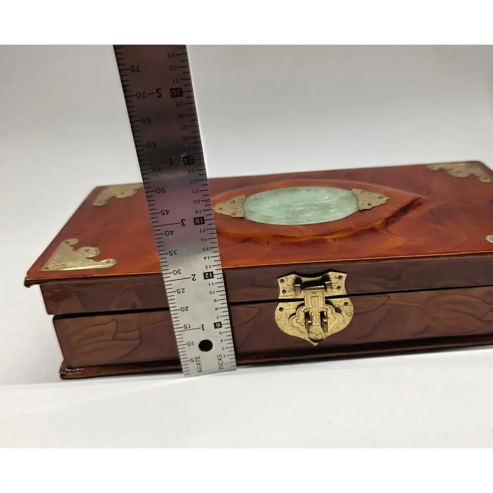 Vintage Chinese Wooden Jewelry Box Brass Hardware Jade Stone Inlay Red Lined